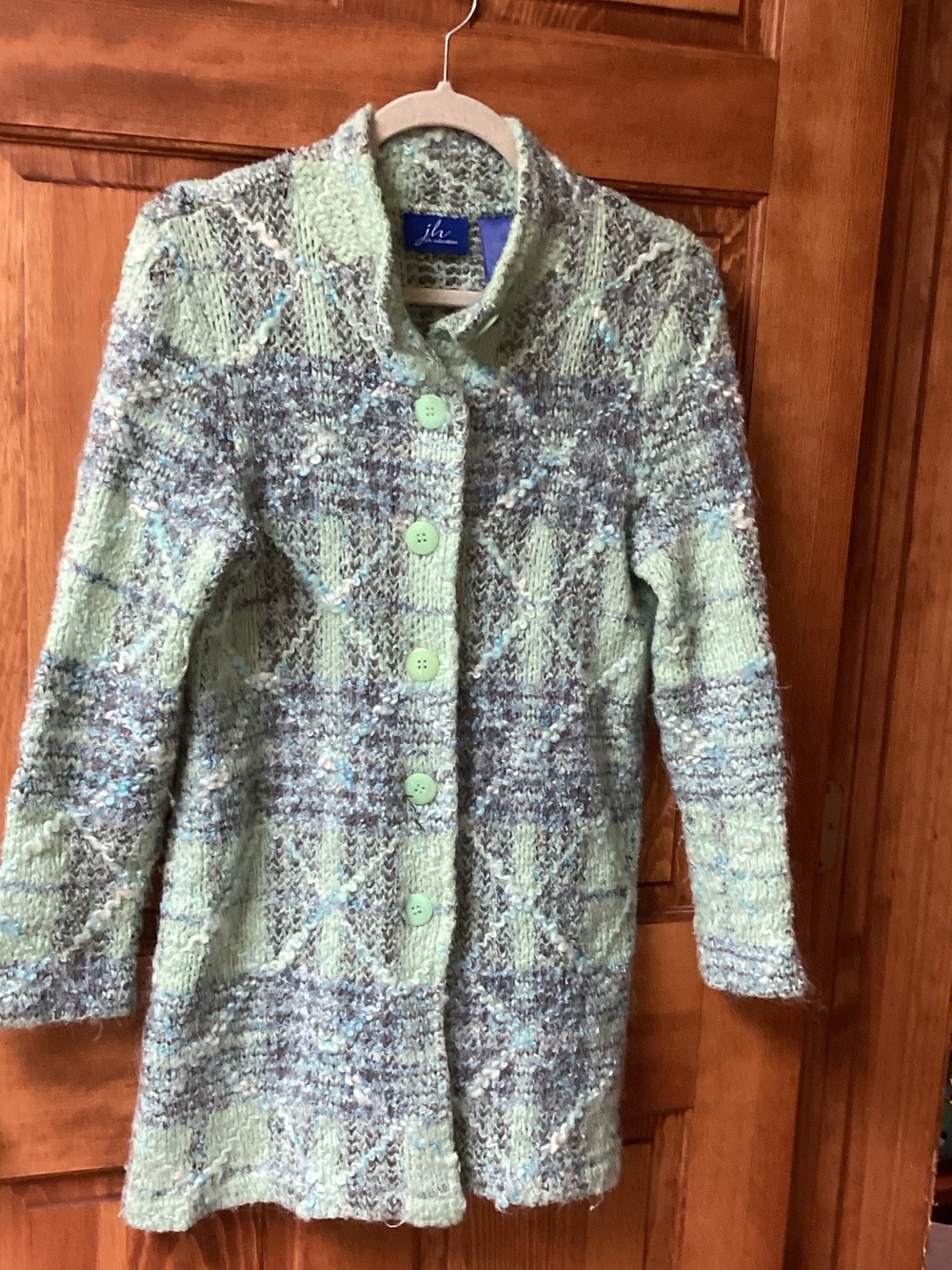 Vintage JH Collectibles Mint Green & Gray Bouclé Knit Button-Front Cardigan